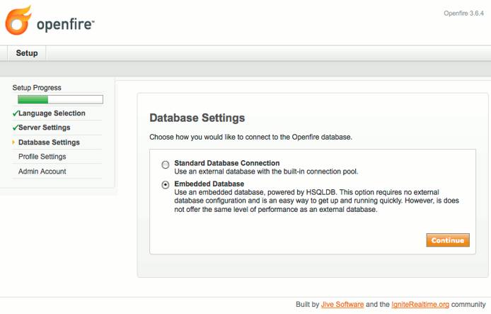 Database type selection in Openfire setup on Debian 6 (Squeeze).