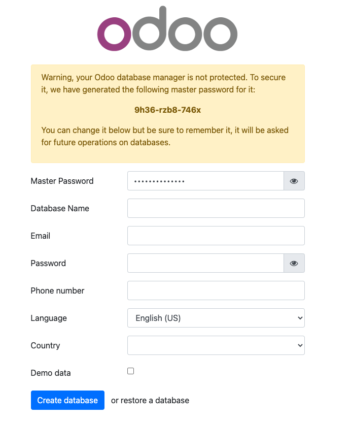 Screenshot of the Odoo setup page